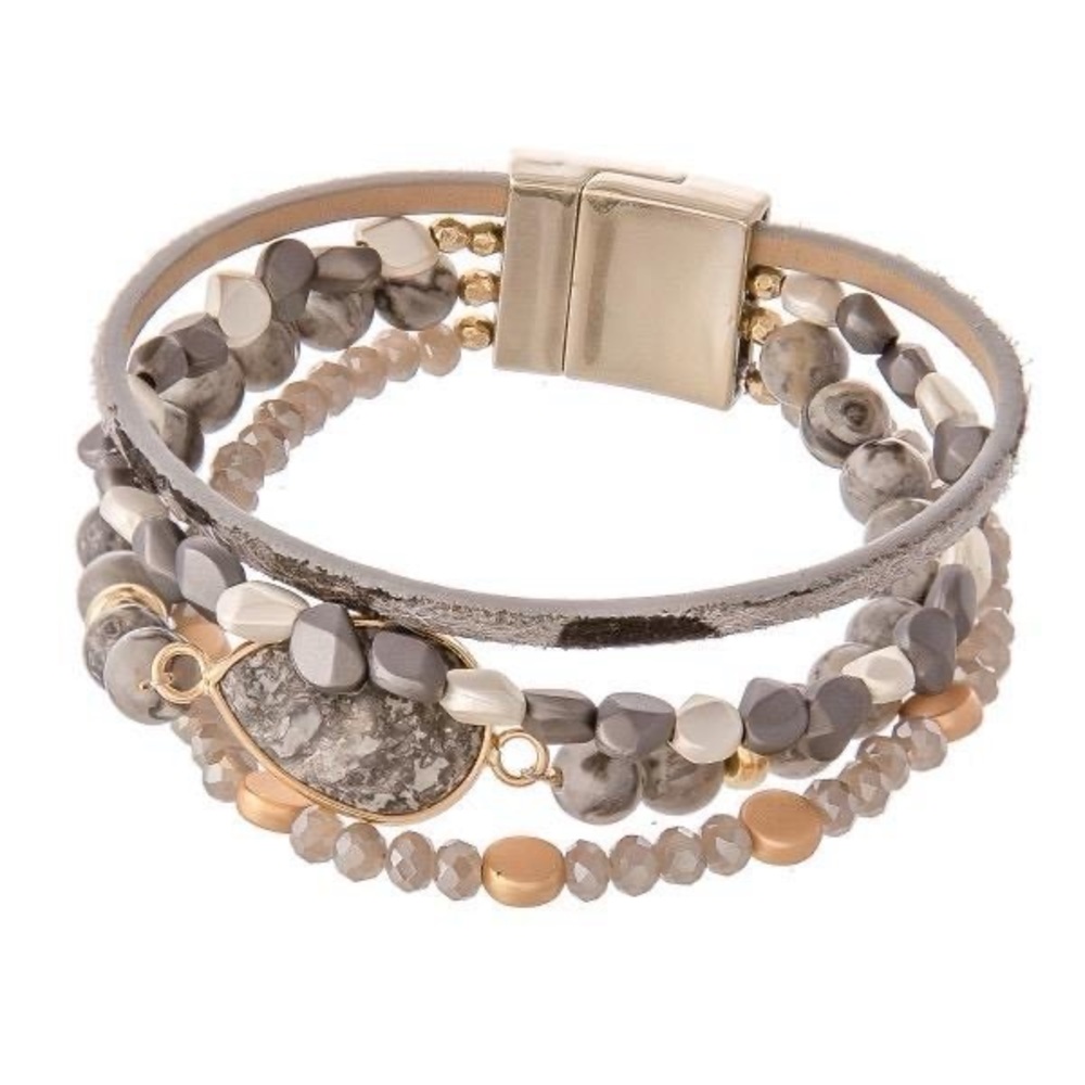 Semi Precious Beaded Magnetic Clasp Bracelet (Grey)